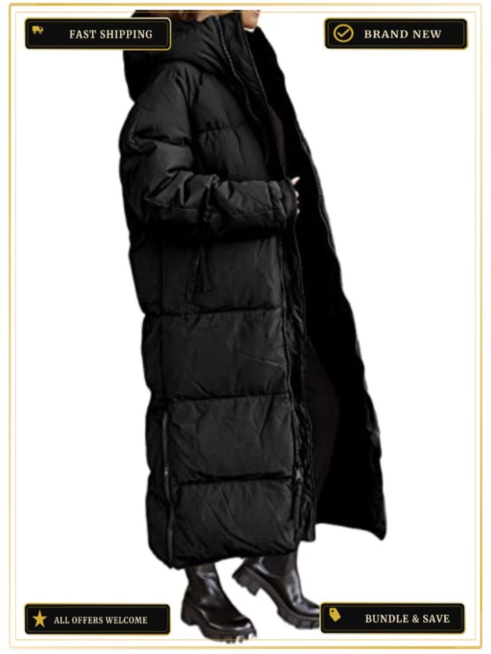 Women's Long Quilted Puffer Coat Hooded Maxi Length Winter Outerwear - Picture 2 of 6